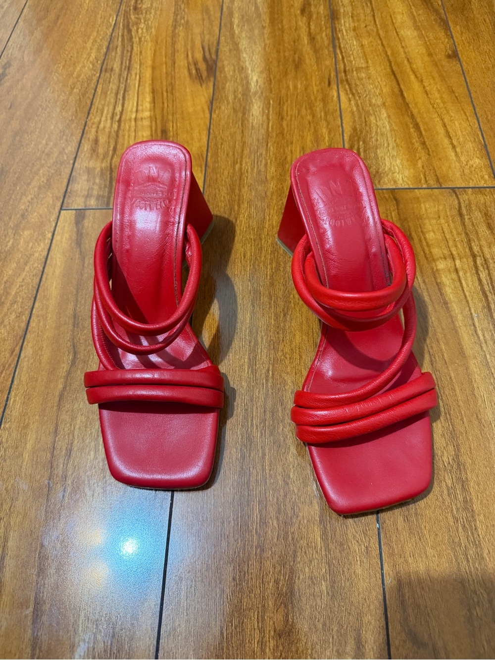 Red Strappy Square-Toe Block Heel Sandals - Women's